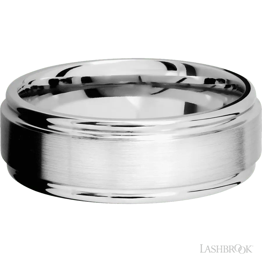 8 mm wide Flat Rounded Edges 14K White Gold band.