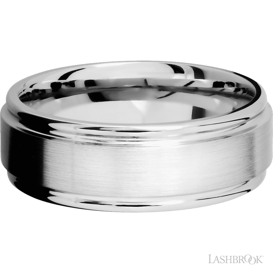 8 mm wide Flat Rounded Edges 14K White Gold band.