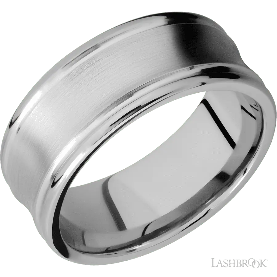 9 mm wide Concaved Center Round Edges 14K White Gold band.