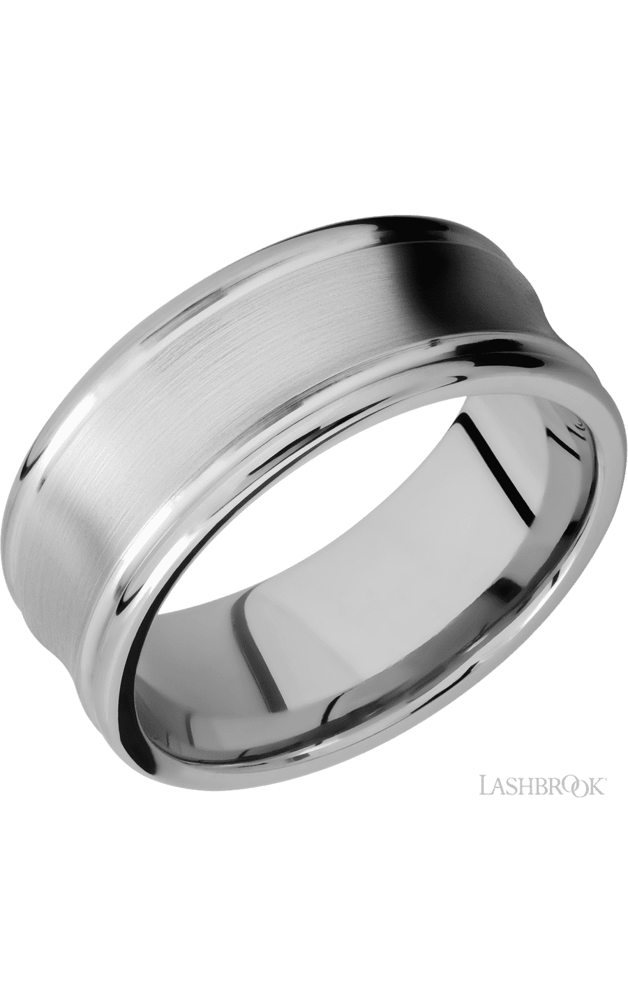 9 mm wide Concaved Center Round Edges 14K White Gold band.