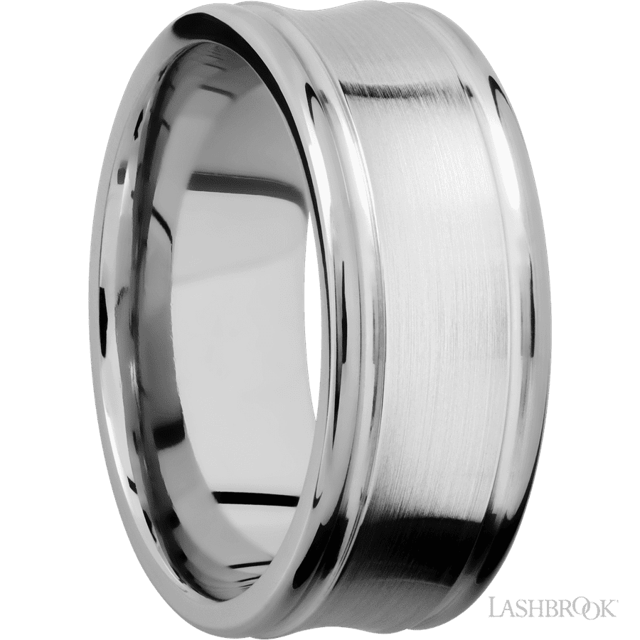 9 mm wide Concaved Center Round Edges 14K White Gold band.