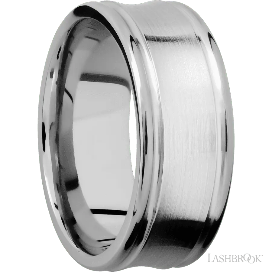 9 mm wide Concaved Center Round Edges 14K White Gold band.
