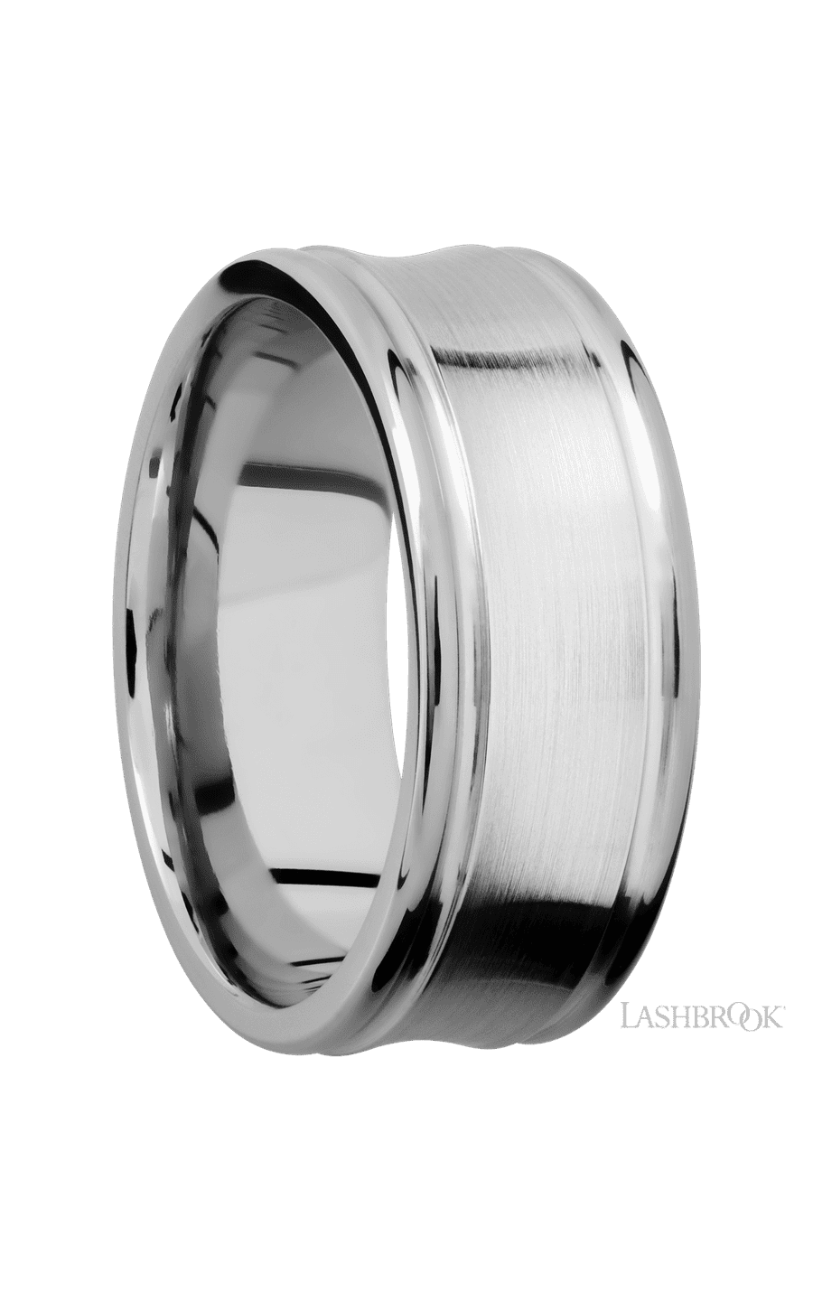 9 mm wide Concaved Center Round Edges 14K White Gold band.