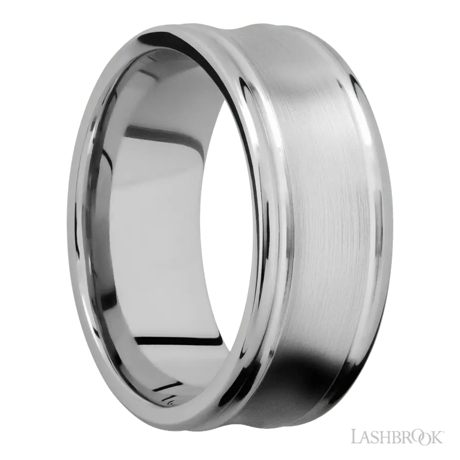 9 mm wide Concaved Center Round Edges 14K White Gold band.