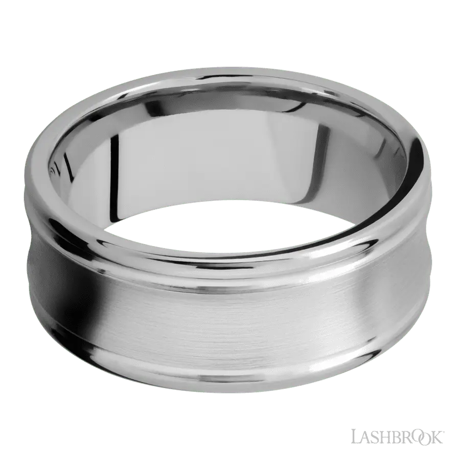 9 mm wide Concaved Center Round Edges 14K White Gold band.