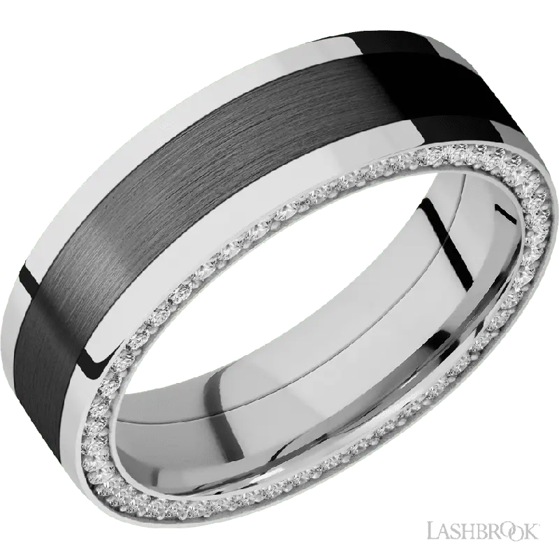 7 mm wide/Flat/14K White Gold band with  one 4 mm Centered inlay of Zirconium and featuring a Side Eternity arrangement of .01 carat Round Diamond stones in a Bead Channel setting