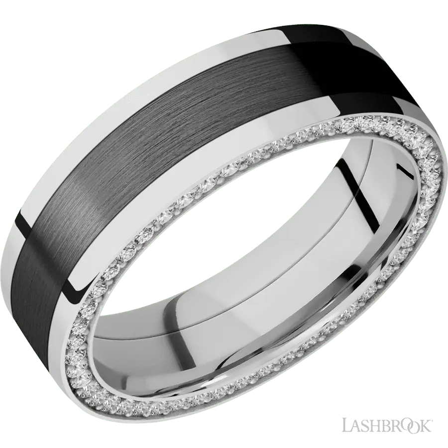 7 mm wide/Flat/14K White Gold band with  one 4 mm Centered inlay of Zirconium and featuring a Side Eternity arrangement of .01 carat Round Diamond stones in a Bead Channel setting