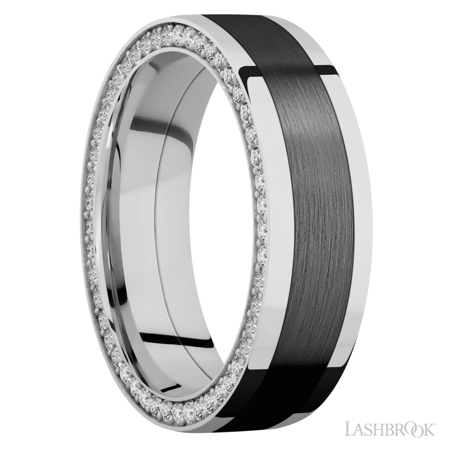 7 mm wide/Flat/14K White Gold band with  one 4 mm Centered inlay of Zirconium and featuring a Side Eternity arrangement of .01 carat Round Diamond stones in a Bead Channel setting