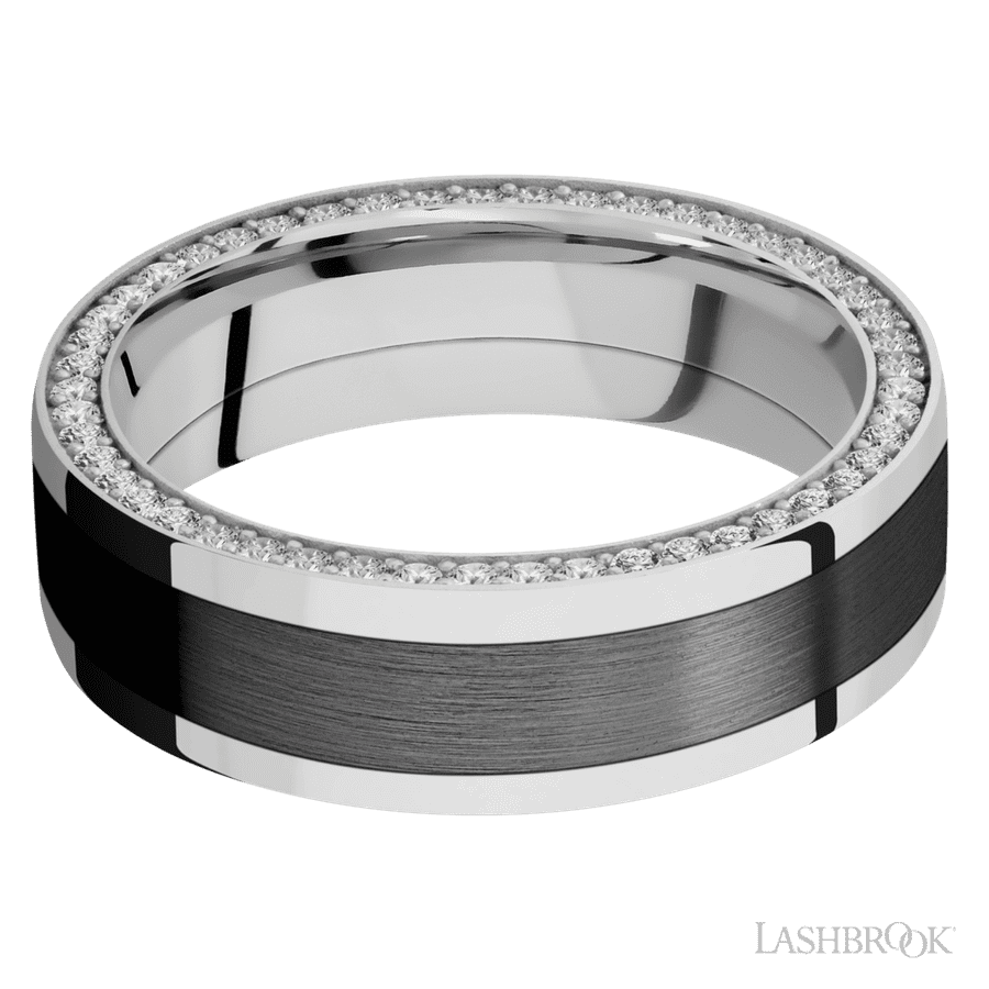 7 mm wide/Flat/14K White Gold band with  one 4 mm Centered inlay of Zirconium and featuring a Side Eternity arrangement of .01 carat Round Diamond stones in a Bead Channel setting