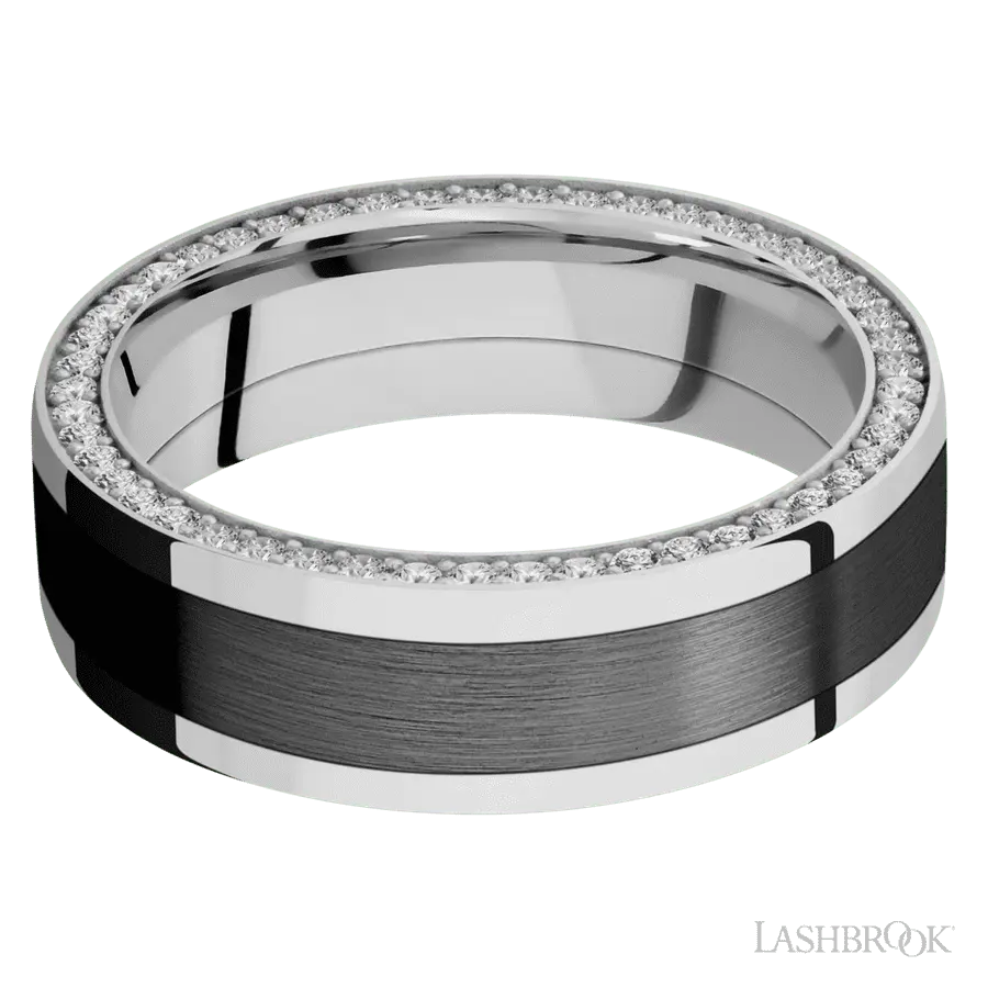 7 mm wide/Flat/14K White Gold band with  one 4 mm Centered inlay of Zirconium and featuring a Side Eternity arrangement of .01 carat Round Diamond stones in a Bead Channel setting