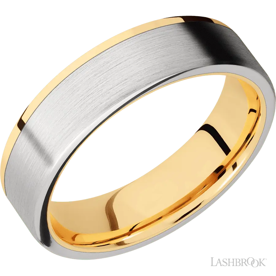 6 mm wide/Flat/14K Yellow Gold band with one 5 mm Off Center Edge inlay of Cobalt Chrome.