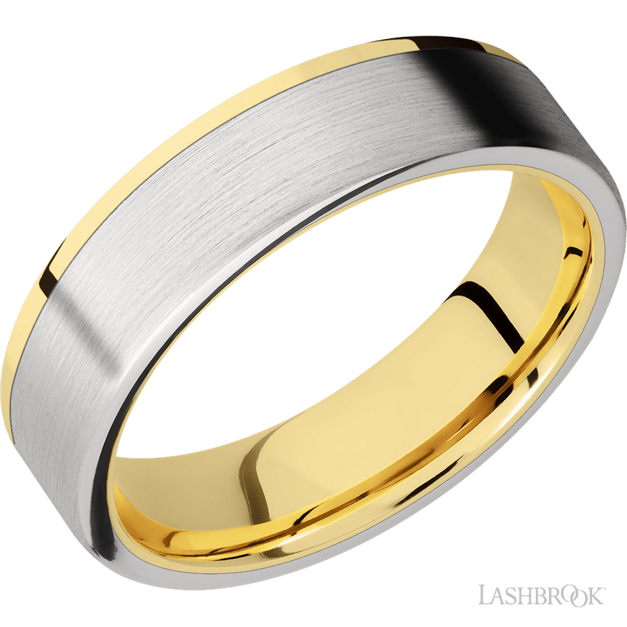 6 mm wide/Flat/14K Yellow Gold band with one 5 mm Off Center Edge inlay of Cobalt Chrome.