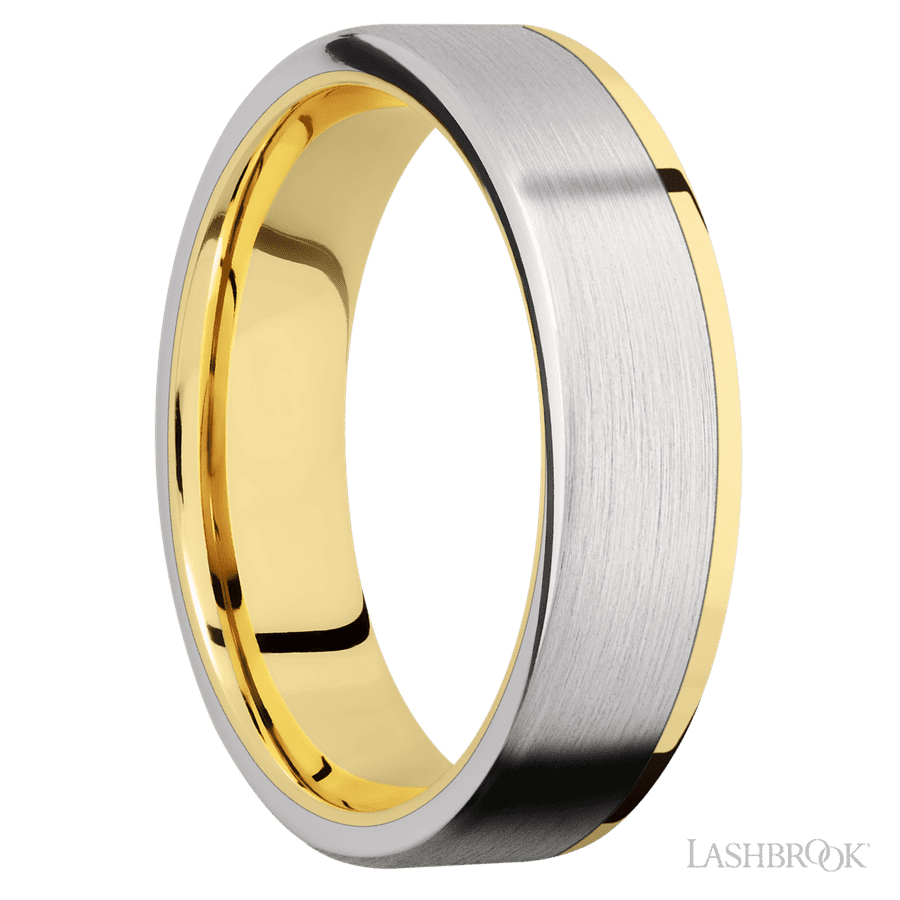 6 mm wide/Flat/14K Yellow Gold band with one 5 mm Off Center Edge inlay of Cobalt Chrome.
