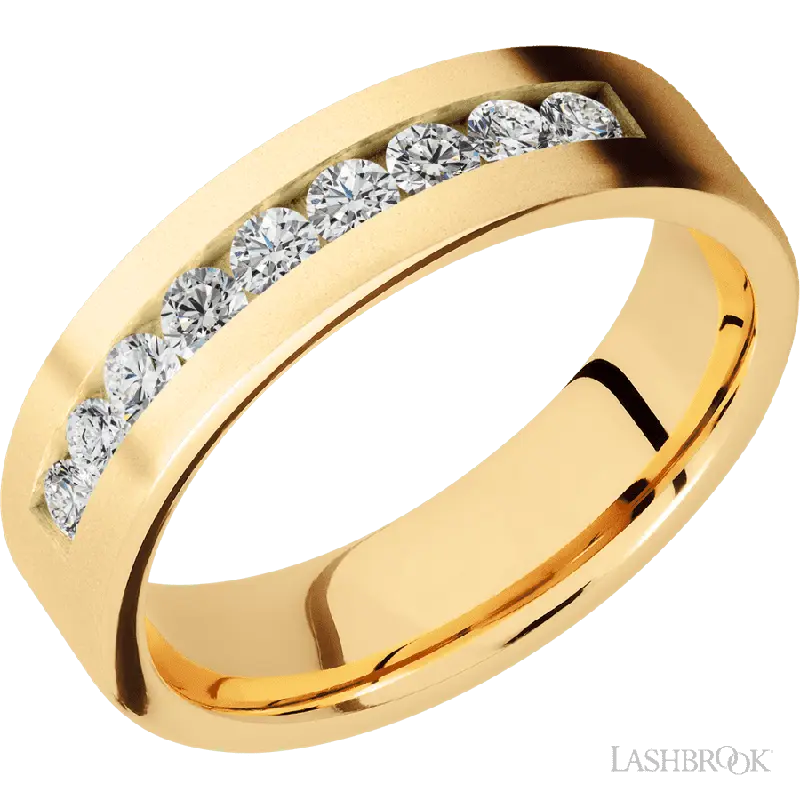6 mm wide/Flat/14K Yellow Gold band with an  arrangement of 9, .07 carat Round Diamond stones in a Channel setting.