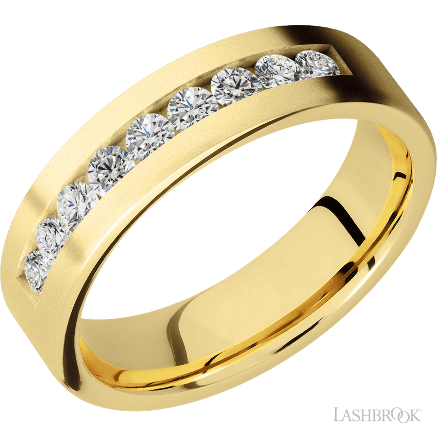 6 mm wide/Flat/14K Yellow Gold band with an  arrangement of 9, .07 carat Round Diamond stones in a Channel setting.