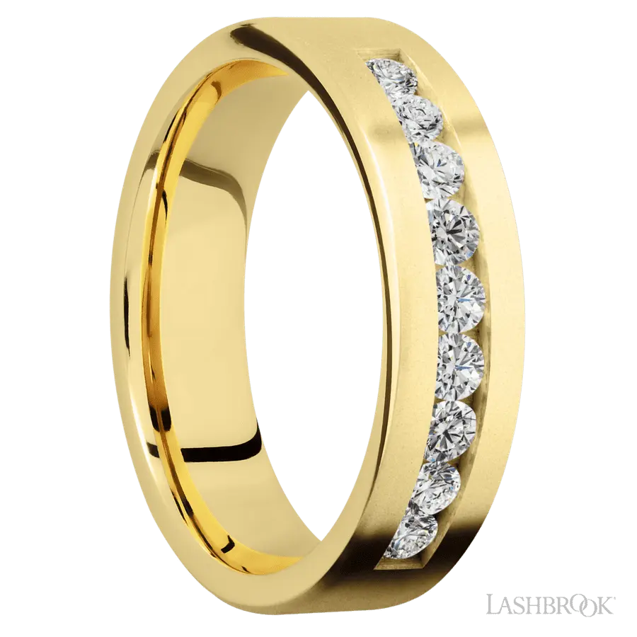 6 mm wide/Flat/14K Yellow Gold band with an  arrangement of 9, .07 carat Round Diamond stones in a Channel setting.