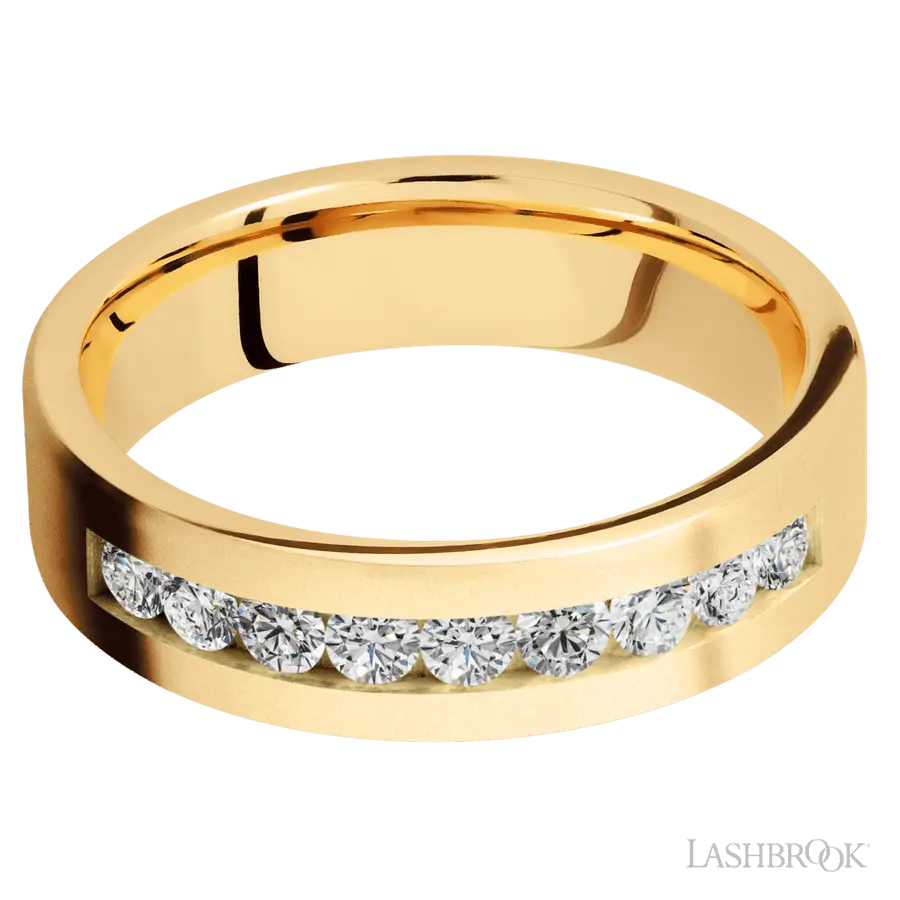 6 mm wide/Flat/14K Yellow Gold band with an  arrangement of 9, .07 carat Round Diamond stones in a Channel setting.