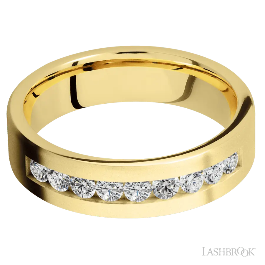 6 mm wide/Flat/14K Yellow Gold band with an  arrangement of 9, .07 carat Round Diamond stones in a Channel setting.