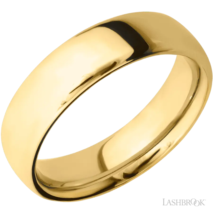 6 mm wide Ultra Comfort (our most comfortable profile) 14K Yellow Gold band. Lashbrook