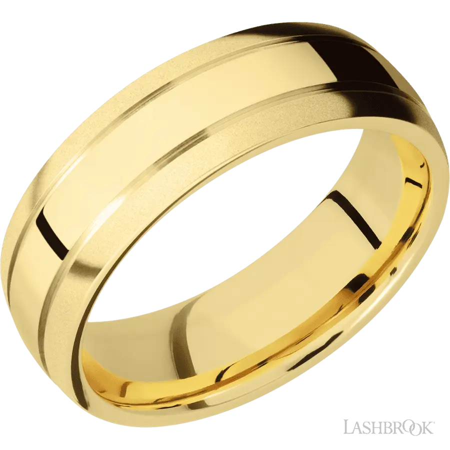 7 mm wide Domed with two accent grooves 14K Yellow Gold band. Lashbrook