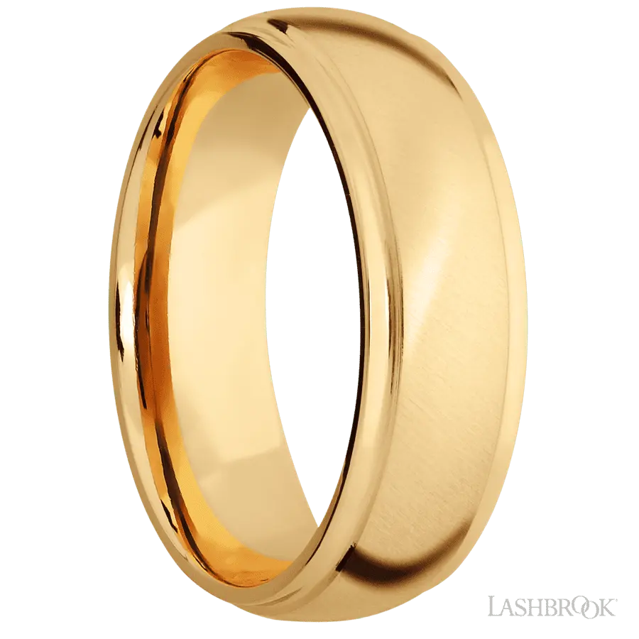 7 mm wide Domed Stepped Down Edges 14K Yellow Gold band.