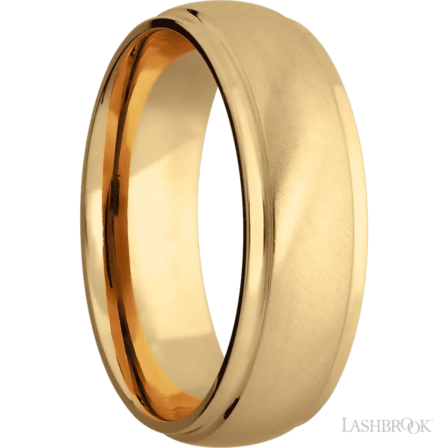 7 mm wide Domed Stepped Down Edges 14K Yellow Gold band.
