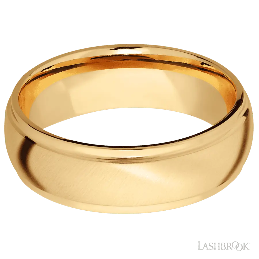 7 mm wide Domed Stepped Down Edges 14K Yellow Gold band.
