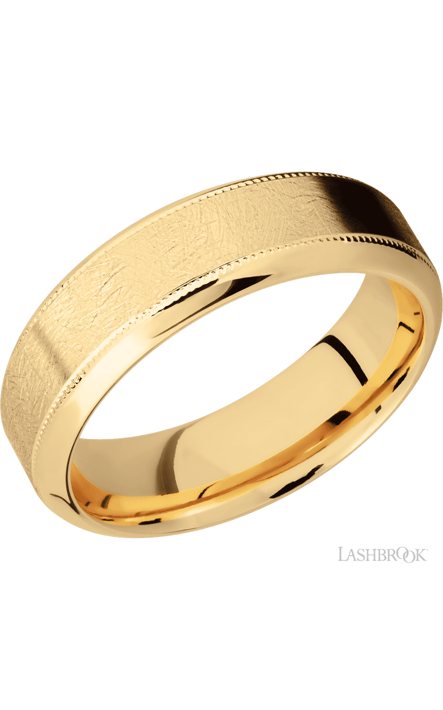 7 mm wide High Bevel Milgrain 14K Yellow Gold band.