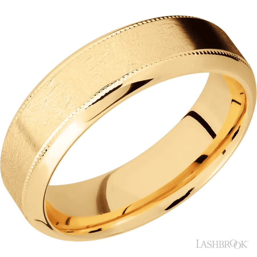 7 mm wide High Bevel Milgrain 14K Yellow Gold band.