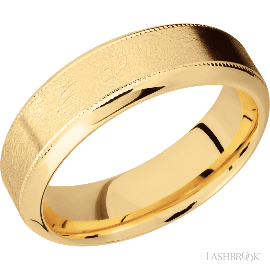 7 mm wide High Bevel Milgrain 14K Yellow Gold band.