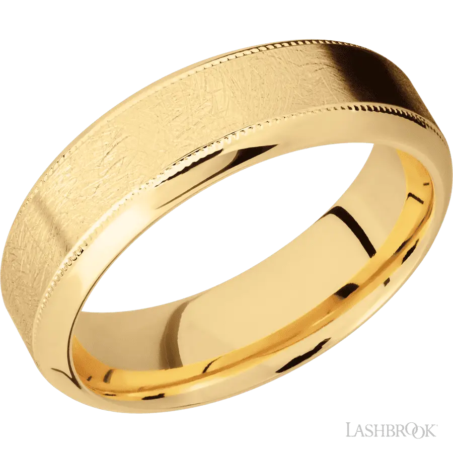 7 mm wide High Bevel Milgrain 14K Yellow Gold band.