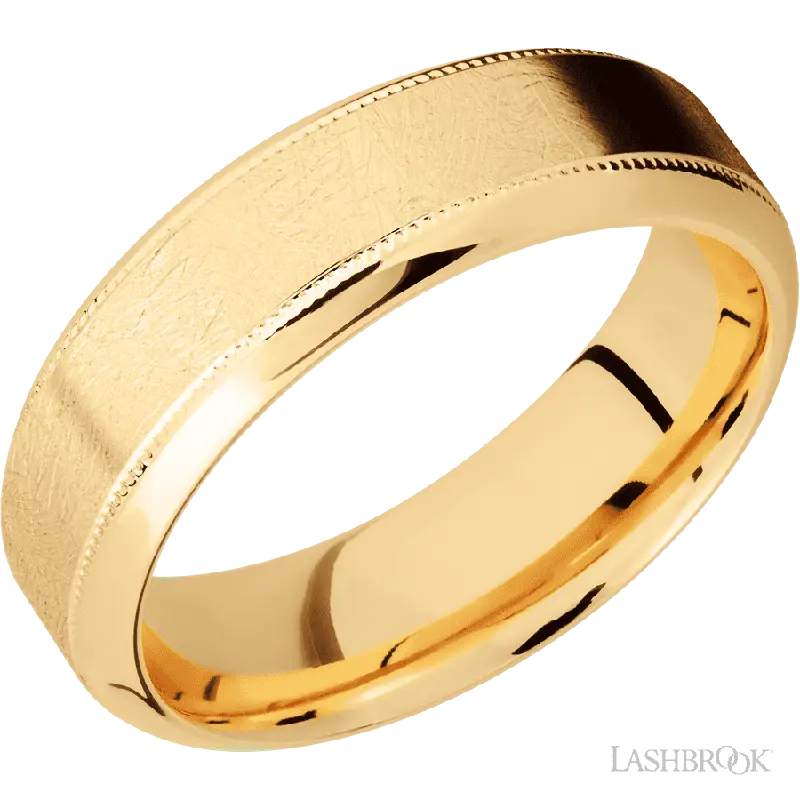 7 mm wide High Bevel Milgrain 14K Yellow Gold band.