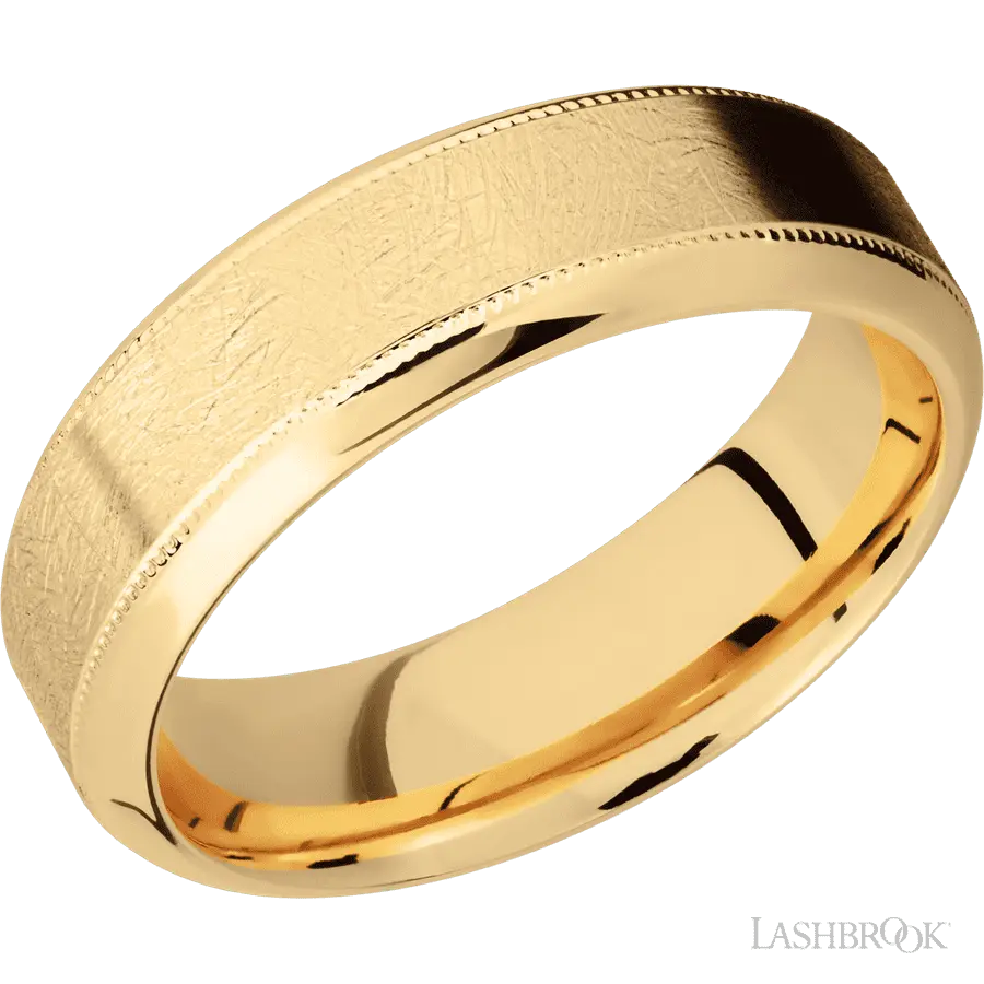 7 mm wide High Bevel Milgrain 14K Yellow Gold band. Lashbrook