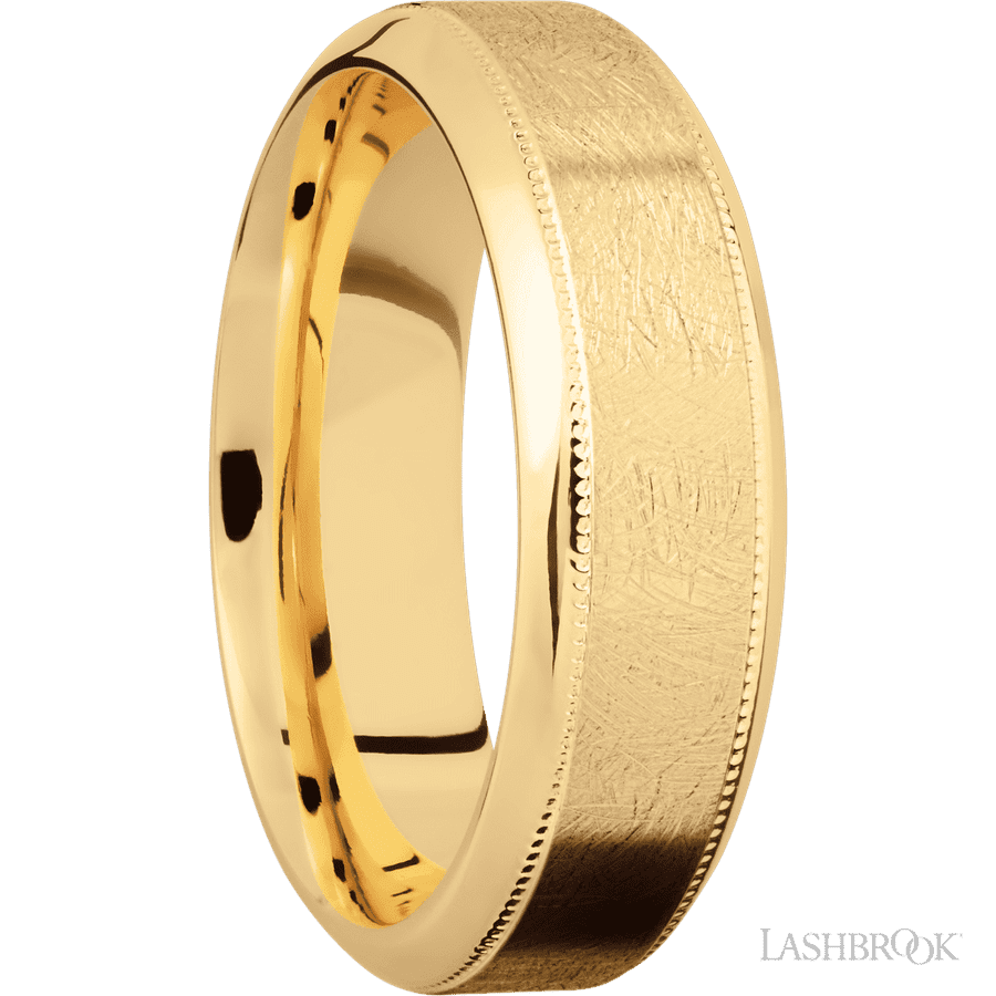 7 mm wide High Bevel Milgrain 14K Yellow Gold band.