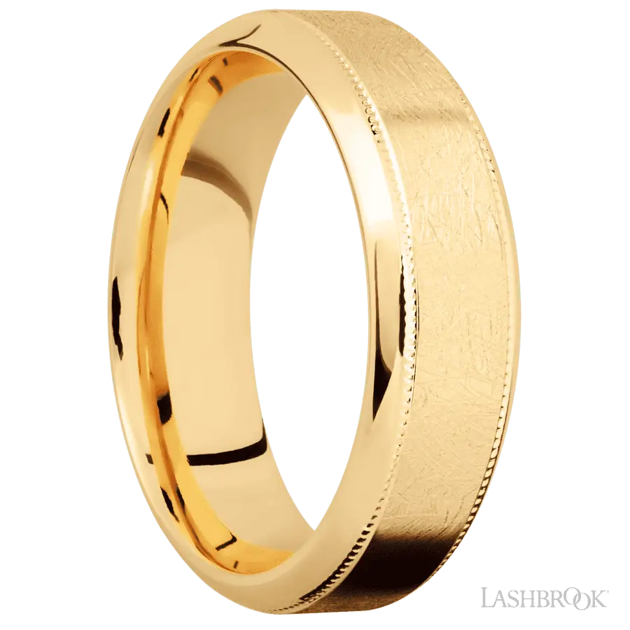 7 mm wide High Bevel Milgrain 14K Yellow Gold band.