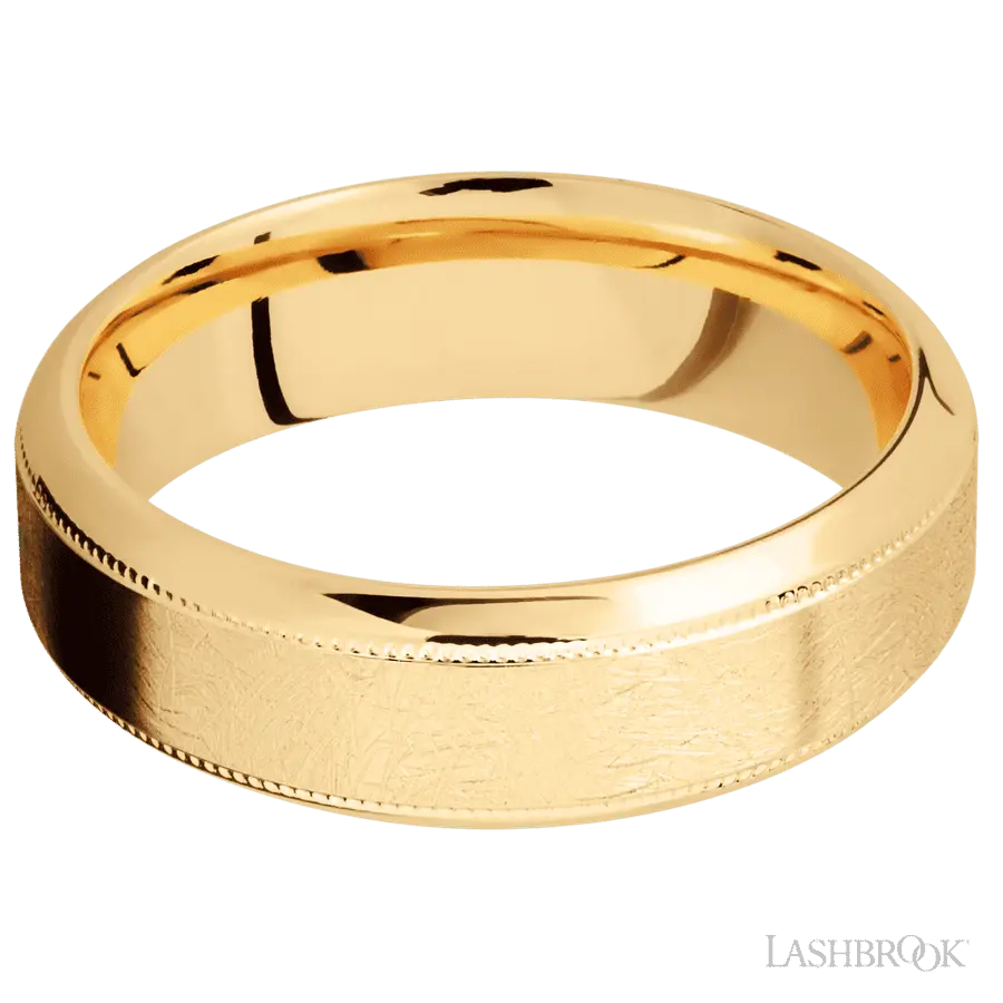 7 mm wide High Bevel Milgrain 14K Yellow Gold band.