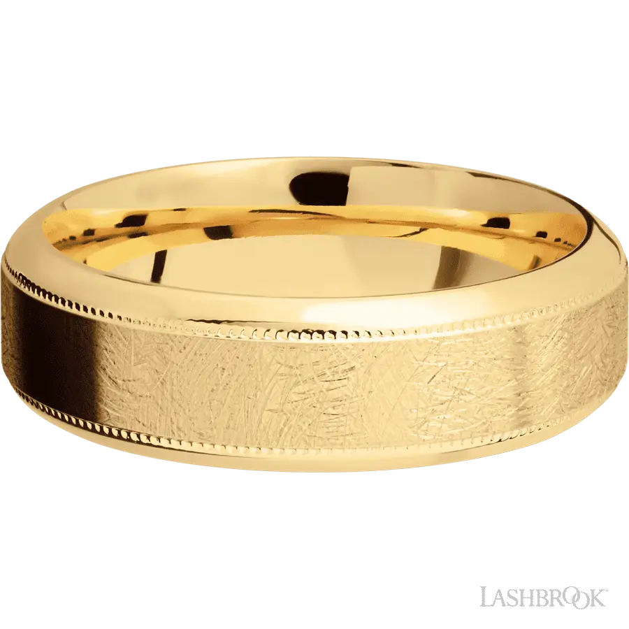 7 mm wide High Bevel Milgrain 14K Yellow Gold band.