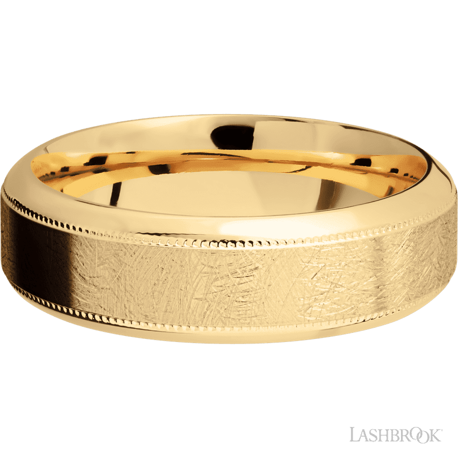 7 mm wide High Bevel Milgrain 14K Yellow Gold band.