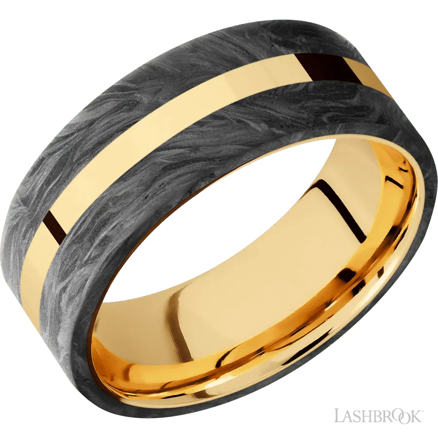 8 mm wide/Flat/14K Yellow Gold band with two 3 mm Double Off Center Edge inlays of Forged Carbon Fiber.