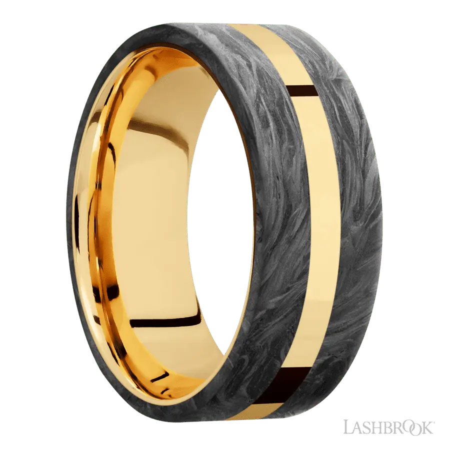 8 mm wide/Flat/14K Yellow Gold band with two 3 mm Double Off Center Edge inlays of Forged Carbon Fiber.