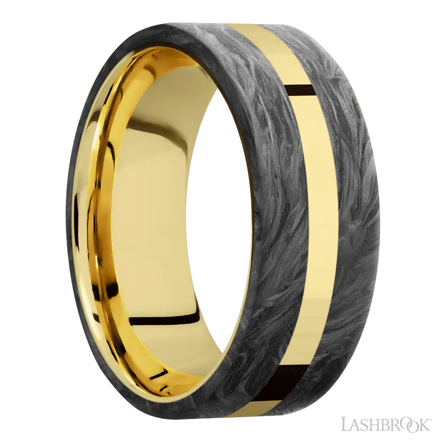 8 mm wide/Flat/14K Yellow Gold band with two 3 mm Double Off Center Edge inlays of Forged Carbon Fiber.