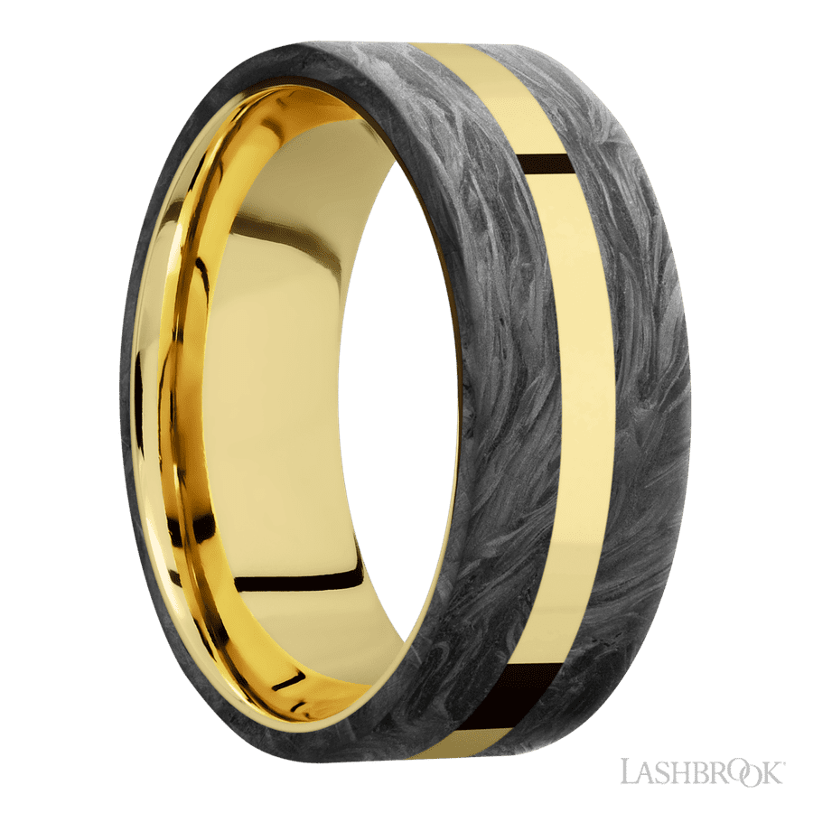 8 mm wide/Flat/14K Yellow Gold band with two 3 mm Double Off Center Edge inlays of Forged Carbon Fiber.