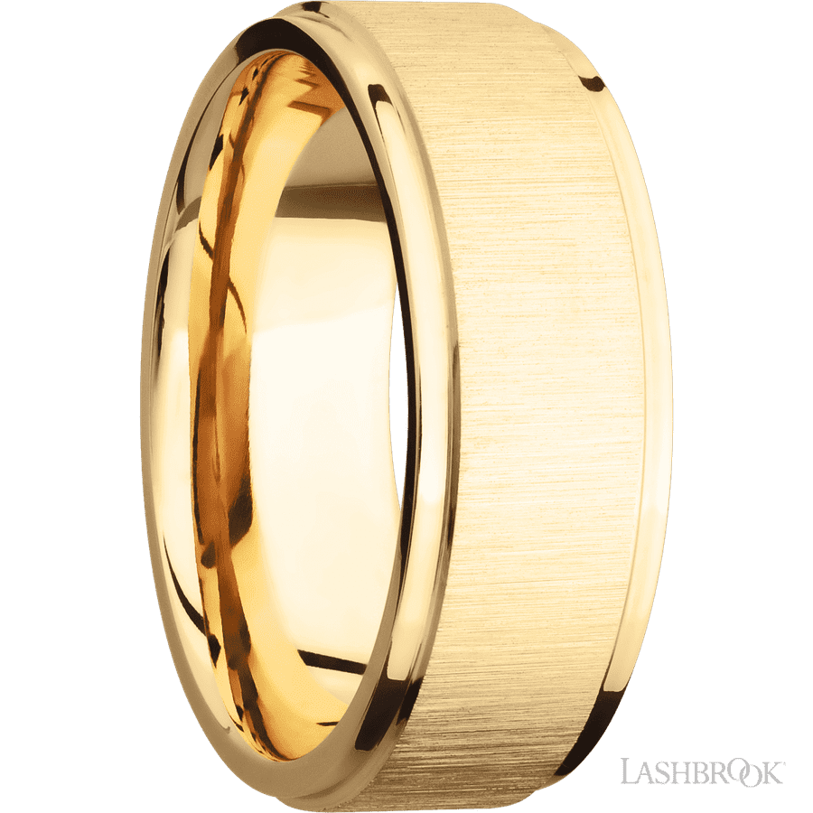 8 mm wide Flat Grooved Edges 14K Yellow Gold band.