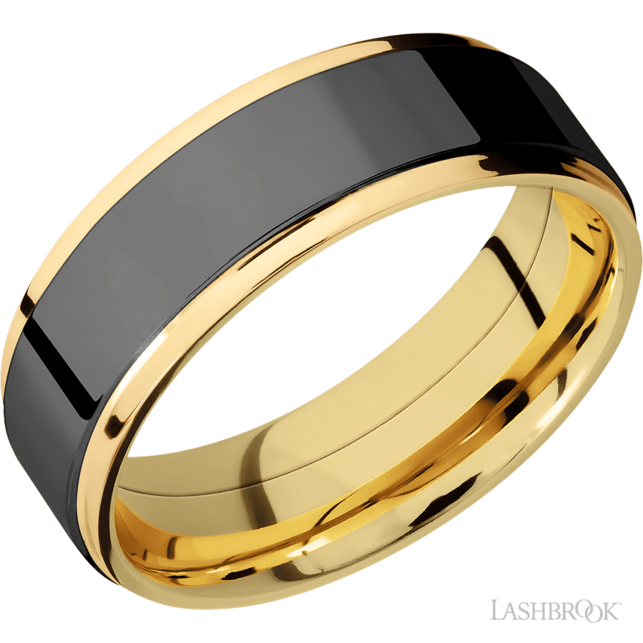7 mm wide/Flat Grooved Edges/14K Yellow Gold band with one 5 mm Raised Centered inlay of Zirconium.