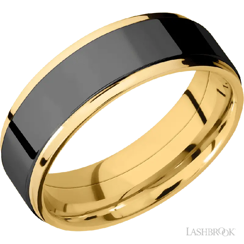 7 mm wide/Flat Grooved Edges/14K Yellow Gold band with one 5 mm Raised Centered inlay of Zirconium.