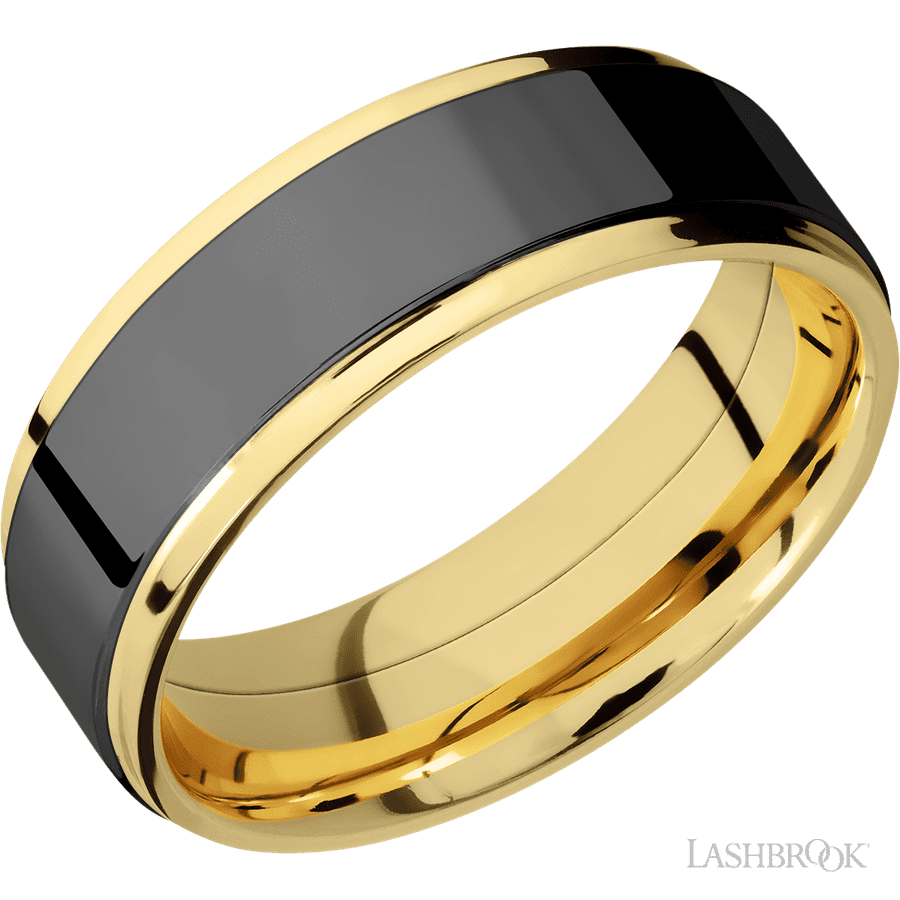 7 mm wide/Flat Grooved Edges/14K Yellow Gold band with one 5 mm Raised Centered inlay of Zirconium.