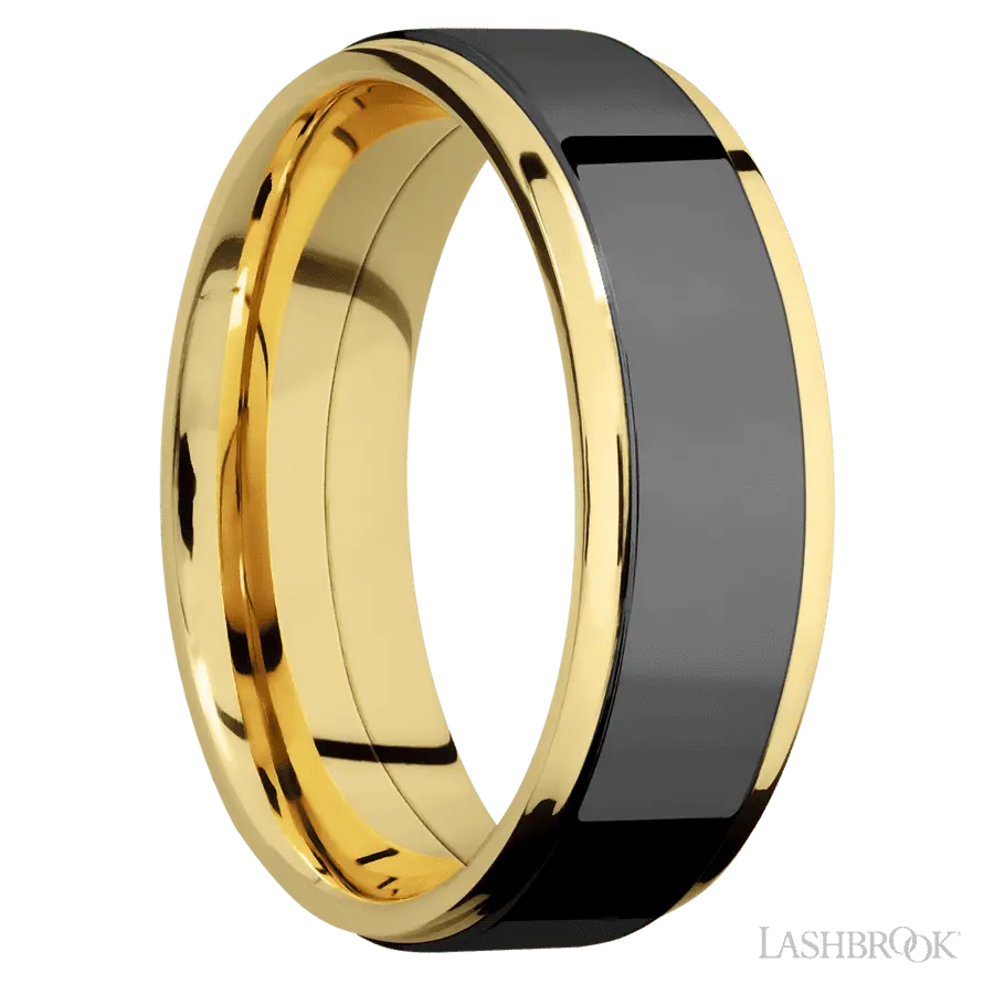 7 mm wide/Flat Grooved Edges/14K Yellow Gold band with one 5 mm Raised Centered inlay of Zirconium.