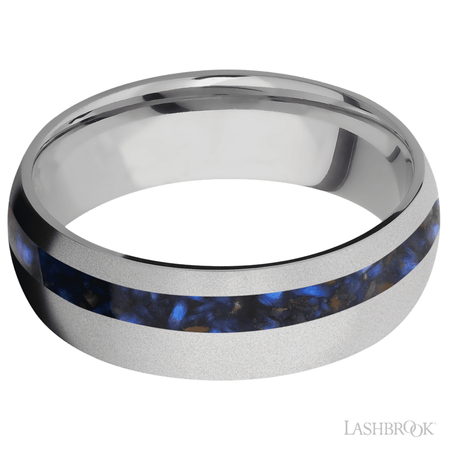 7 mm wide/Domed/Titanium band with one 2 mm Off Center inlay of Blue Tiger Eye.