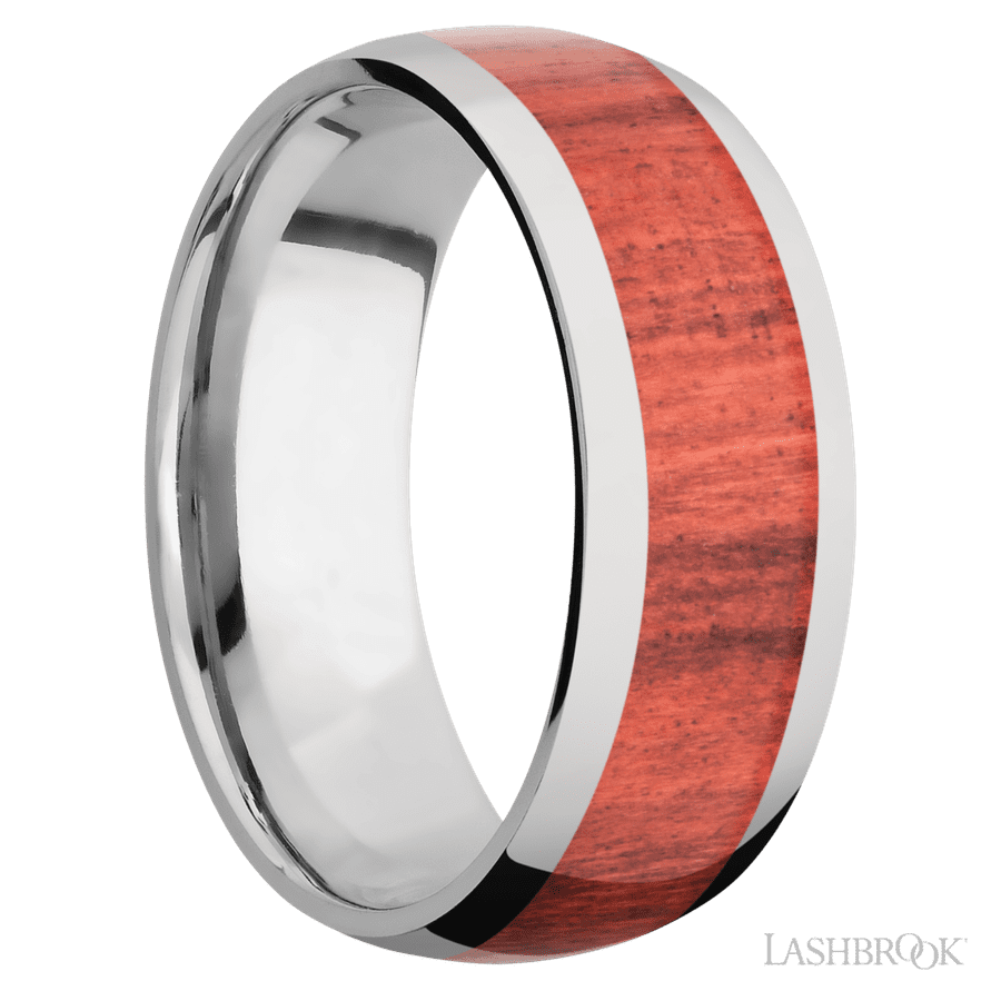 8 mm wide/Domed/Titanium band with one 5 mm Centered inlay of Red Heart.