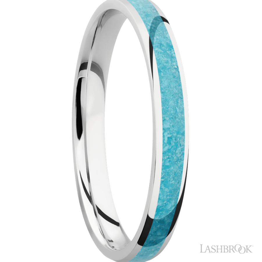 3 mm wide/Domed/Cobalt Chrome band with one 2 mm Centered inlay of Turquoise.